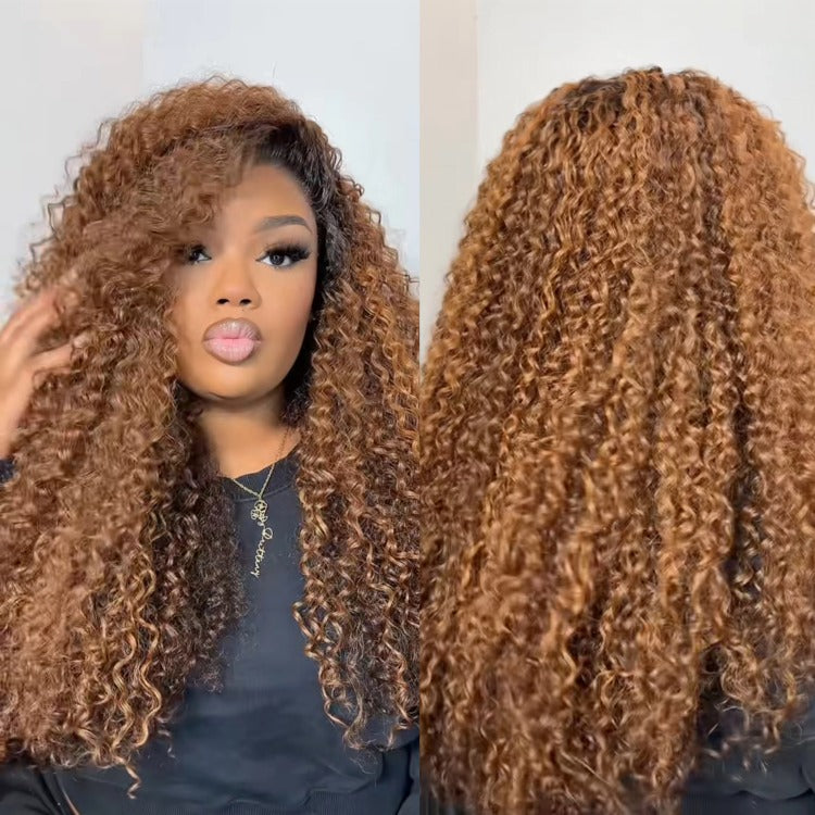 Ombre Light Brown Color Kinky Curly Wig 100% Human Hair Wig Pre Plucked Natural Hairline - Rafarada