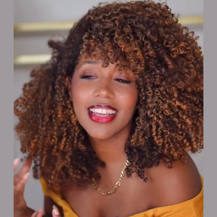 Wear and Go Wig Highlight Color Spiral Kinky Curly Lace Front Human Hair With Bangs Wigs - Rafarada