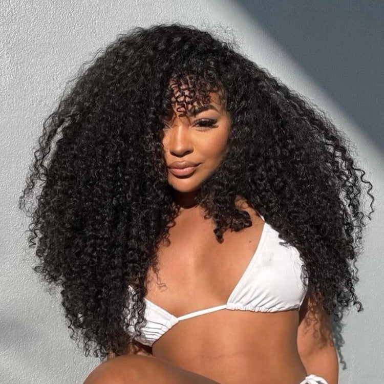 Skin Base Wig Kinky Curly Full Mechanism Human Hair Wig With Bangs- Rafarada