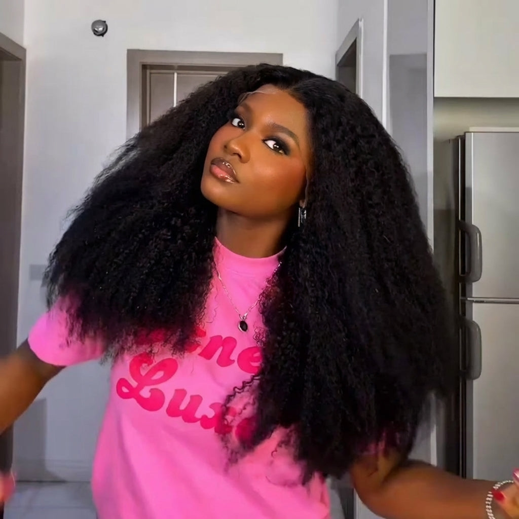 Kinky Curly Lace Front Human Hair Wigs Natural Black HD Transparent Lace Frontal Volume Wig 100% Human Hair Wigs for Women - Rafarada