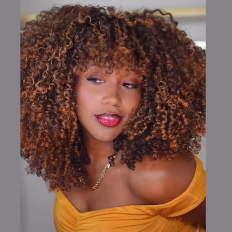 Wear and Go Wig Highlight Color Spiral Kinky Curly Lace Front Human Hair With Bangs Wigs - Rafarada
