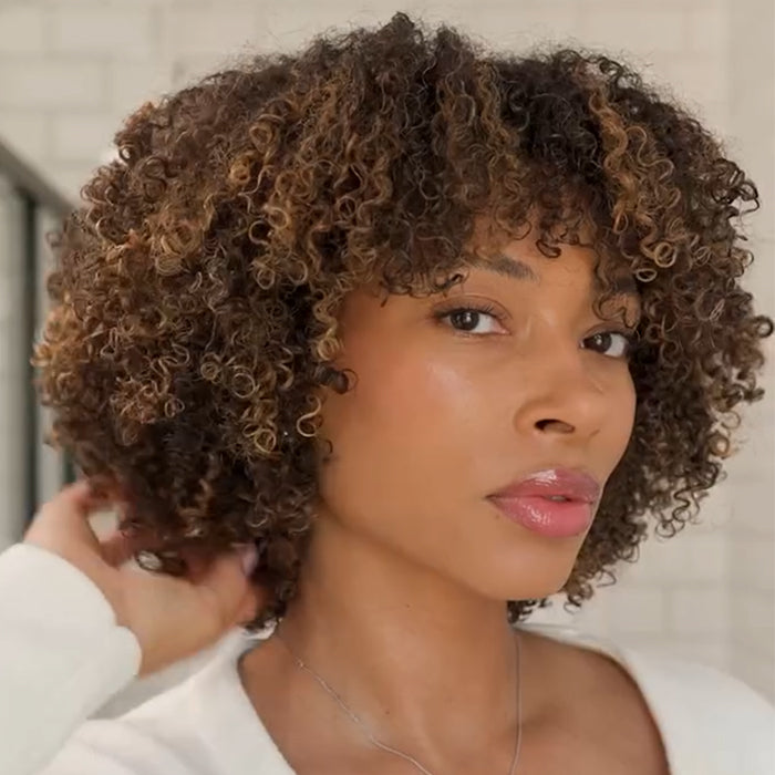 Highlight Color Kinky Curly Wig With Bands Human Hair Wig Glueless Lace frontal Wig Natural Looking For Black Woman- Rafarada