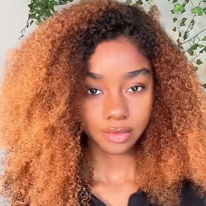 Ombre With Light Brown Color Kinky Curly Human Hair Wig Glueless HD Lace Pre-Plucked Hairline Lace Wig - Rafarada