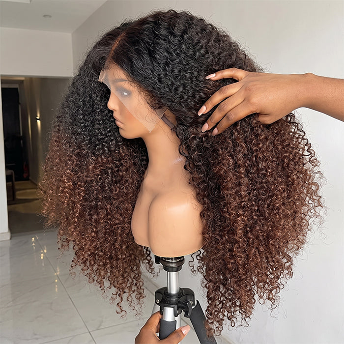 Ombre With Brown Color Kinky Curly Human Hair Wig Glueless HD Lace Wig With Natural Color With Brown Ombre Color - Rafarada