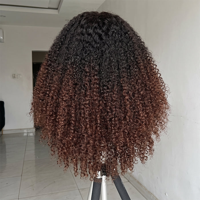 Ombre With Brown Color Kinky Curly Human Hair Wig Glueless HD Lace Wig With Natural Color With Brown Ombre Color - Rafarada