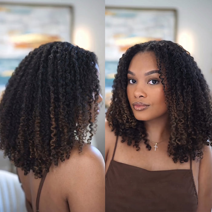 Glueless Kinky Curly Wig with Golden Brown Highlights Natural Black Ombre Human Hair Wigs - Rafarada