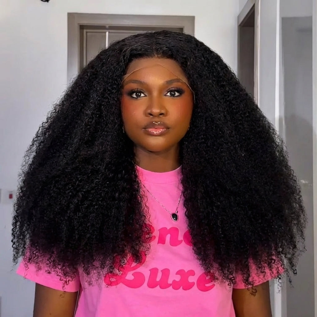 Kinky Curly Lace Front Human Hair Wigs Natural Black HD Transparent Lace Frontal Volume Wig 100% Human Hair Wigs for Women - Rafarada