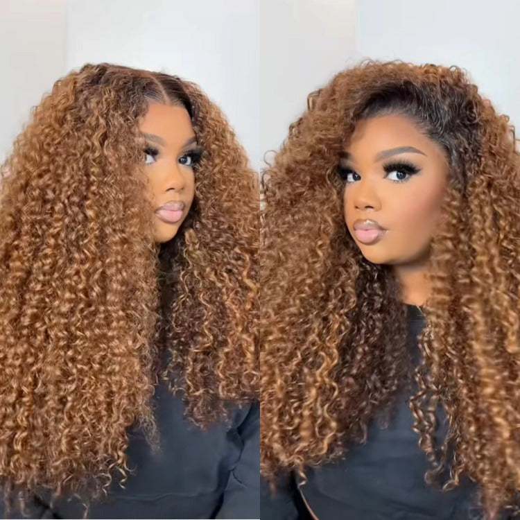 Ombre Light Brown Color Kinky Curly Wig 100% Human Hair Wig Pre Plucked Natural Hairline - Rafarada