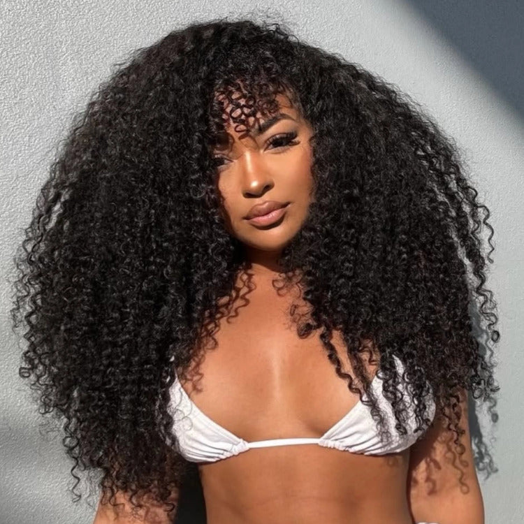 Skin Base Wig Kinky Curly Full Mechanism Human Hair Wig With Bangs- Rafarada