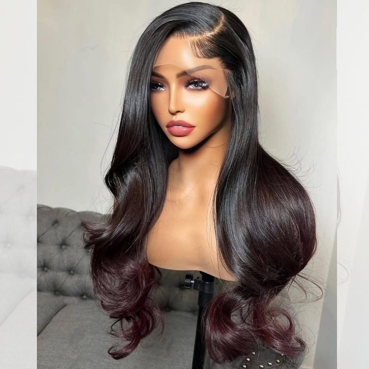 Body Wave Wig Black With 99J Color Wig 100% Human Hair Glueless Wig - Rafarada