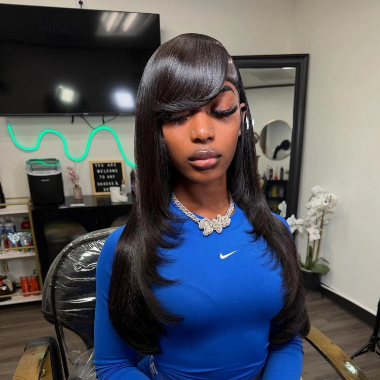 Human Hair Side Part Layered Straight with Bangs HD Lace Wigs- Rafarada