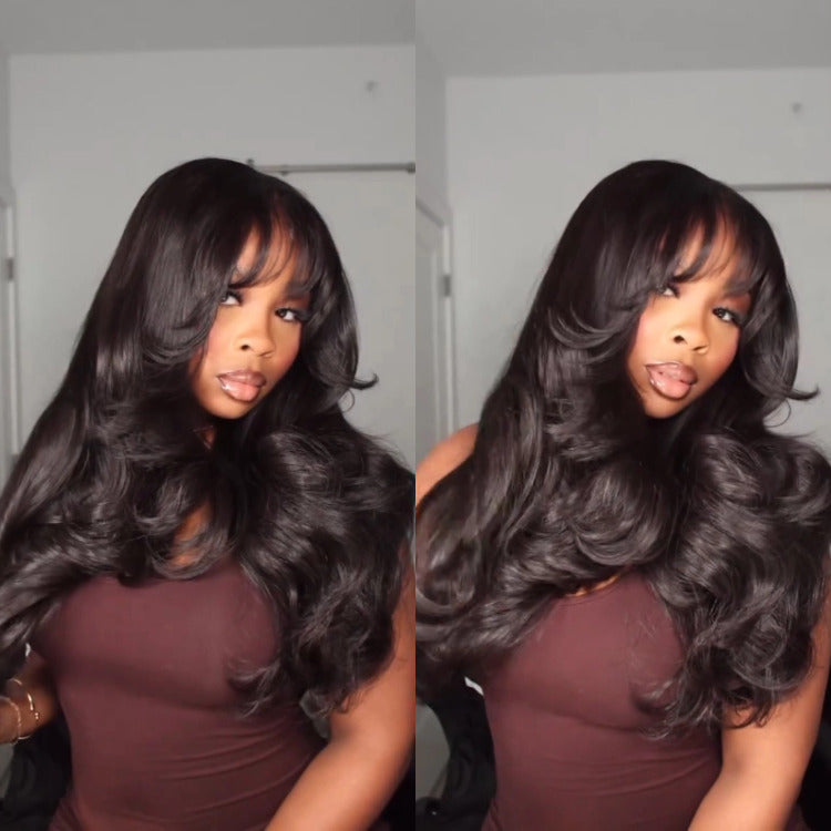 Layered Hair Cuts Body Wave Wig With Bangs 100% Human Hair HD Lace Frontal Wig - Rafarada
