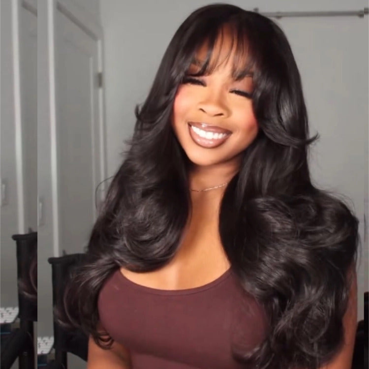 Layered Hair Cuts Body Wave Wig With Bangs 100% Human Hair HD Lace Frontal Wig - Rafarada