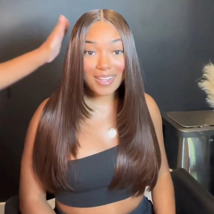 Chocolate Brown Color Bone Straight Layered Cut HD Lace Front Human Hair Wigs - Rafarada