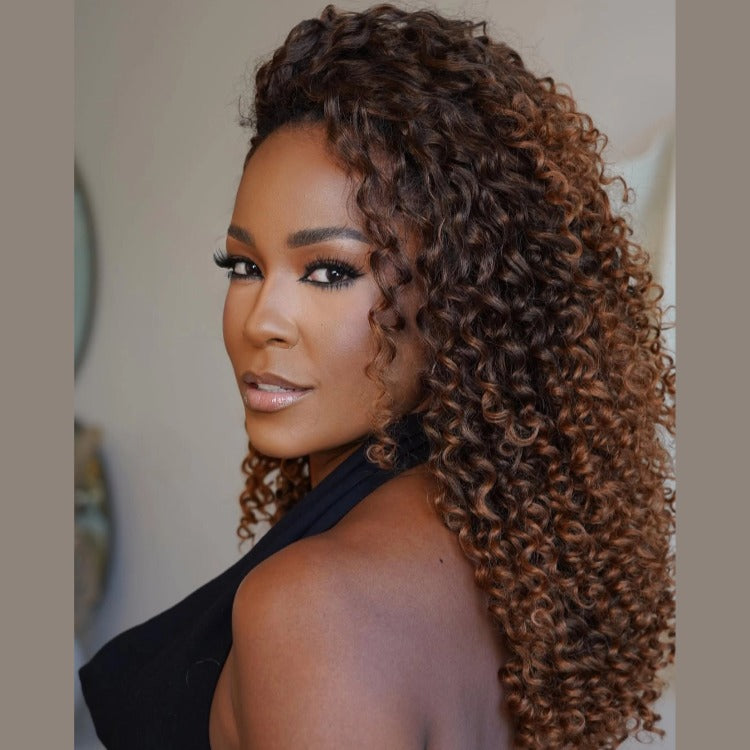 Ombre Light Brown Curly 3-In-1 Half Wig 200% Density Glueless Flexi-Fit Drawstring Wig - Rafarada (Copy)