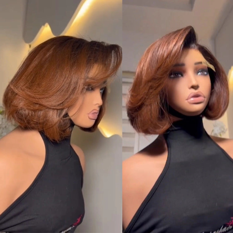 Bob Straight Chestnut Brown Color Lace Frontal Human Hair Wig Side Part Wig - Rafarada