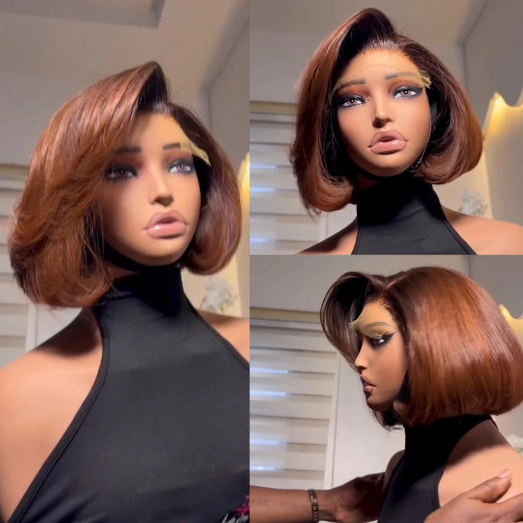 Bob Straight Chestnut Brown Color Lace Frontal Human Hair Wig Side Part Wig - Rafarada
