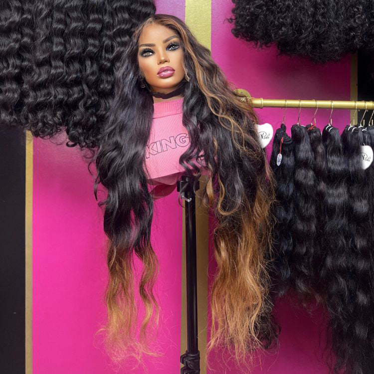 13x4 Long Body Wave Ombre Wig With Blond Highlights Colored Lace Front Human Hair Wigs - Rafarada