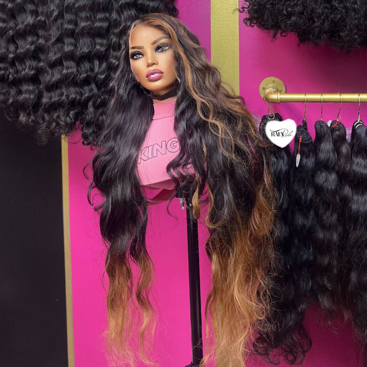 13x4 Long Body Wave Ombre Wig With Blond Highlights Colored Lace Front Human Hair Wigs - Rafarada
