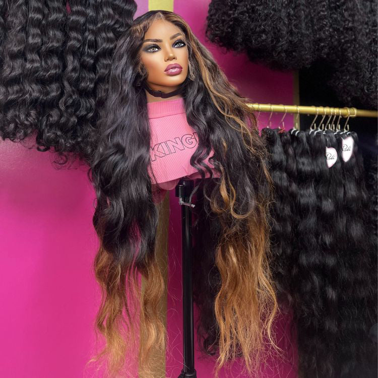 13x4 Long Body Wave Ombre Wig With Blond Highlights Colored Lace Front Human Hair Wigs - Rafarada