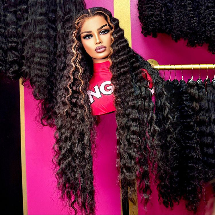Long Loose Deep Wave Blond Highlight Wig Colored Human Hair Lace Front Wigs Black Wig With Blond Highlights - Rafarada
