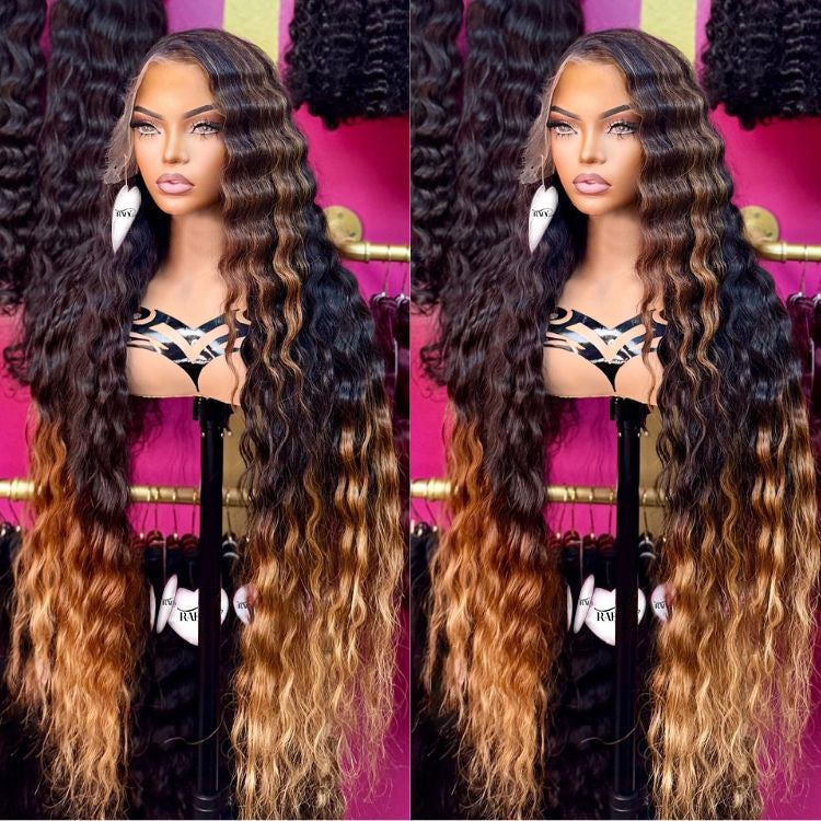 13x4 Long Loose Deep Wave Ombre Blond Highlight Wig Colored Human Hair Wigs - Rafarada