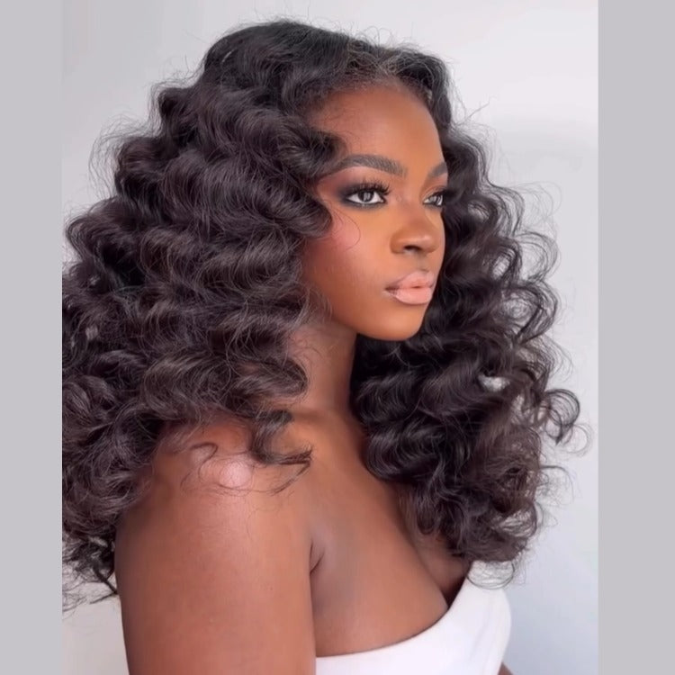 Natural Black Loose Deep Wave Lace Front Human Hair Wigs High Density Bouncy Loose Wave Frontal Wig - Rafarada