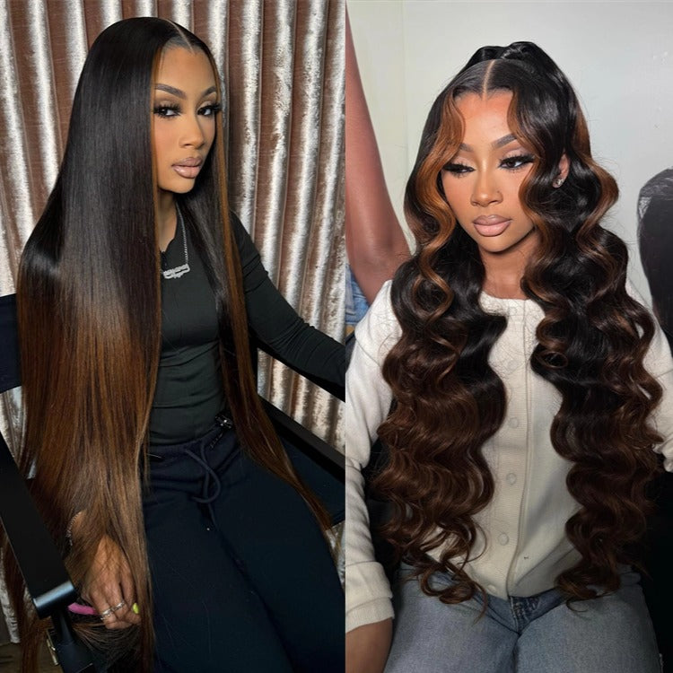 Ombre Dark Brown Highlight Color Straight & Loose Deep Human Hair Wig - Rafarada