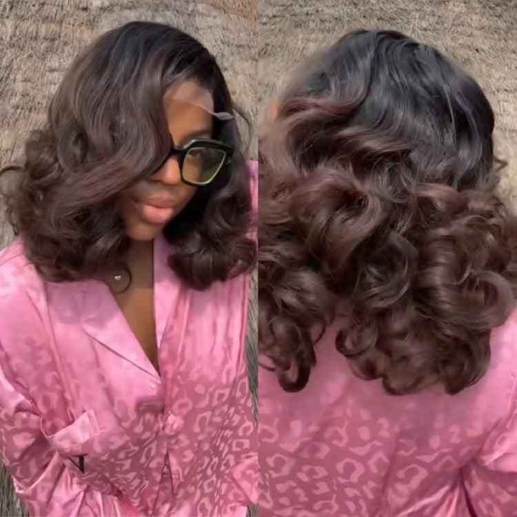Loose Wave Ombre Dark Brown Lace Front Wig Human Hair Cute Bob Curl with Natural Hairline - Rafarada