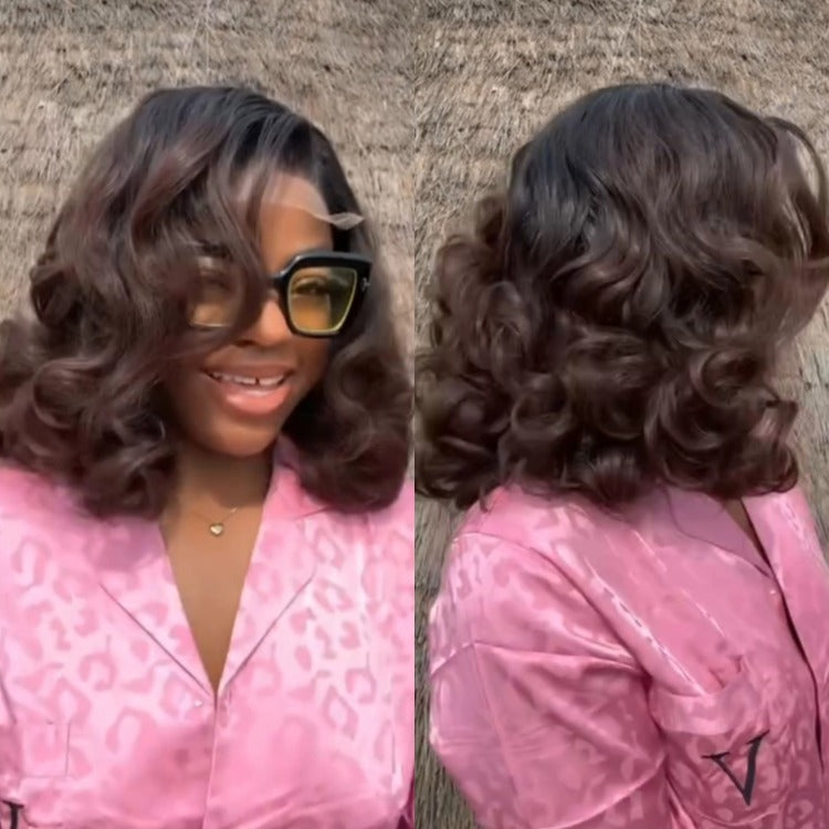 Loose Wave Ombre Dark Brown Lace Front Wig Human Hair Cute Bob Curl with Natural Hairline - Rafarada