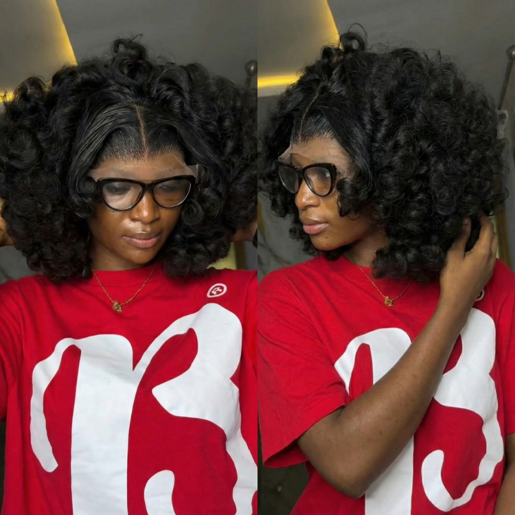 Loose Curly Bob Lace Front Wig Natural Black Soft Curly Human Hair Wig Pre-Plucked Hairline - Rafarada