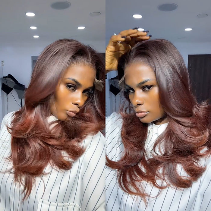 Loose Wave Human Hair Glueless Wig Natural Hairline Ombre Reddish Brown Color Human Hair Glueless HD Lace Front Wig For Woman- Rafarada