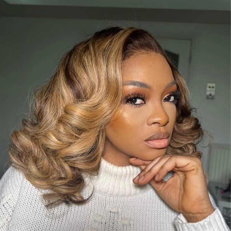 Colored Loose Wave Bob Wig Blonde Highlight Human Hair HD Transparent Lace Wigs - Rafarada