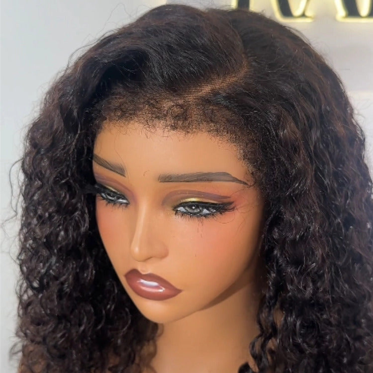 Gorgeous Natural Black Color Water Wave Human Hair Wig Glueless HD Lace Spiral Curly Hair with 4C Texture Edges - Rafarada