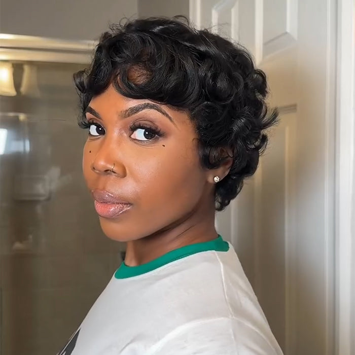 Full Lace Free Part Wig Short Pixie Cut Loose Curly Human Hair Lace Front Wigs Natural Black Color For Women - Rafarada