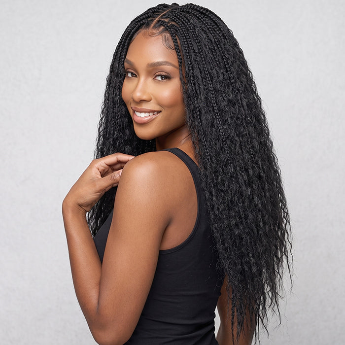 Natural Color Pre Braided Water Wave Human Hair Lace Frontal Wig With Boho  Box Braids Natural Curly Wig - Rafarada