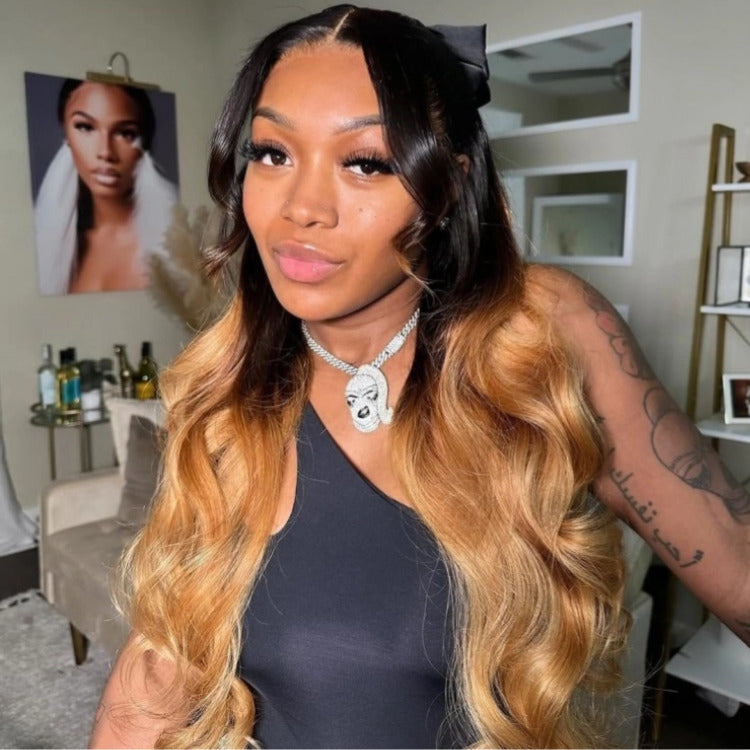 Ombre Black Highlight Gold ColorWig Body Wave Wigs Glueless Transparent Lace Frontal Wig - Rafarada