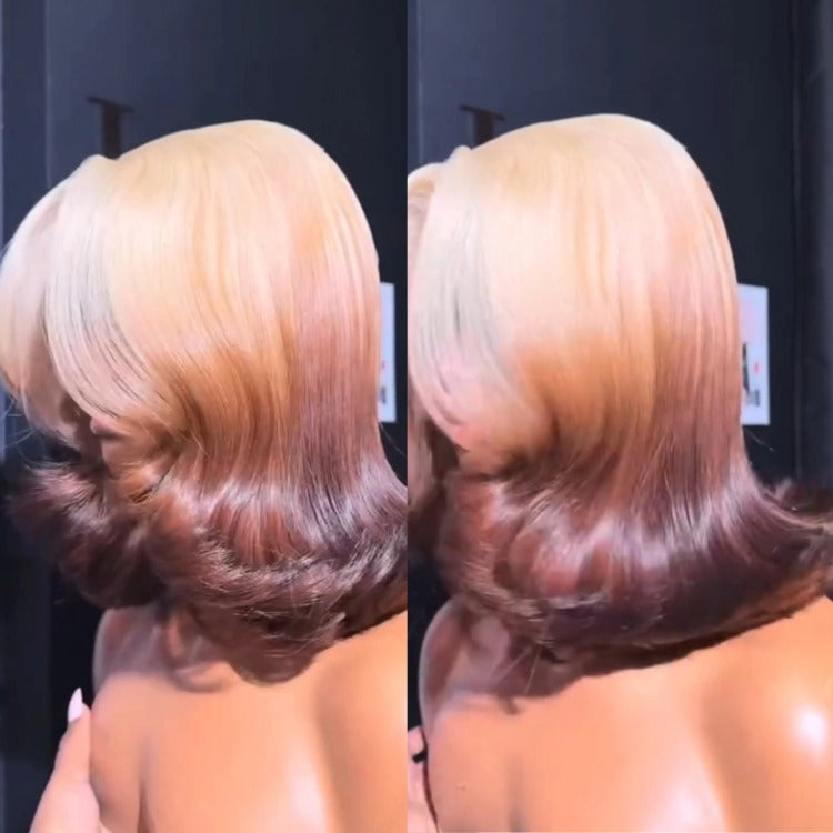 Blonde Hair Short Bob Wig & End Curl HD Lace Frontal Two-Tone Blonde Human Hair Wigs - Rafarada