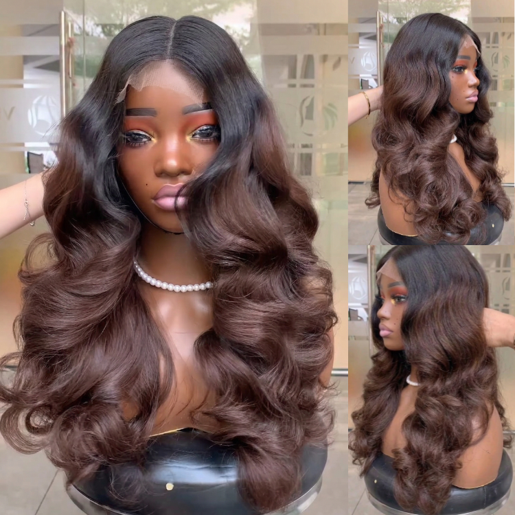 Chocolate Brown Ombre Body Wave Wig with Soft Bouncy Curls ¨C 100% Human Hair Glueless Lace Wig with Natural Hairline - Rafarada