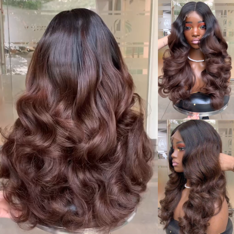 Chocolate Brown Ombre Body Wave Wig with Soft Bouncy Curls ¨C 100% Human Hair Glueless Lace Wig with Natural Hairline - Rafarada