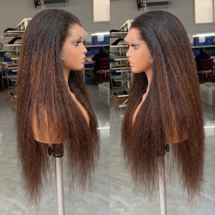 Pre-Plucked Glueless Kinky Straight Human Hair Wig - 13x4 Lace Front Ombre Chocolate Brown Voluminous Texture - Rafarada