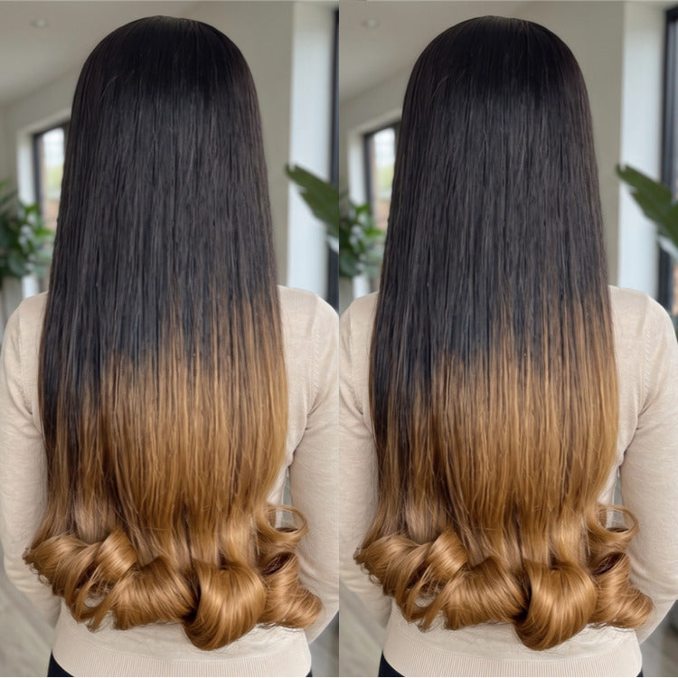Glueless Ombre Honey Blonde Dark Roots Straight with Barrel Curly Ends Lace Front Wig - High Density HD Transparent Lace Human Hair Wig- Rafarada