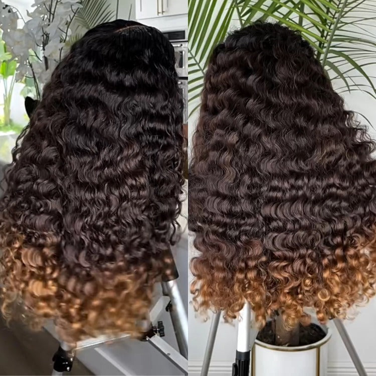 Ombre Color Wig Brown Color Raw Burmese Curly Wave Wig HD Transparent Lace Wigs - Rafarada