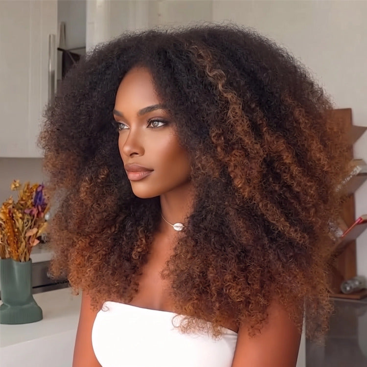 Natural Black Ombre Dark Brown Afro Kinky Curly Wig - Premium 100% Human Hair Afro Curly Wig for Women- Rafarada