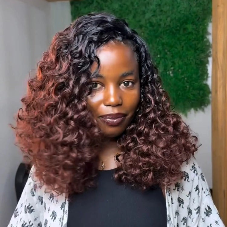 Glueless V Part Bouncy Curly Wig No Leave Out Reddish Brown Ombre Human Hair Wig 2 Minute Install Wear & Go Curly V-Part Wig - Rafarada