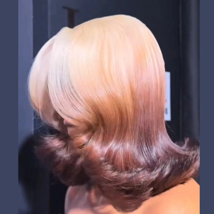 Blonde Hair Short Bob Wig & End Curl HD Lace Frontal Two-Tone Blonde Human Hair Wigs - Rafarada