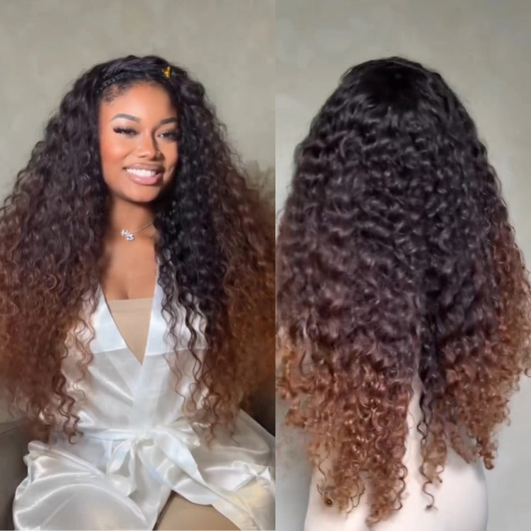 Brown Ombre Water Wave Lace Front Human Hair Wigs Honey Blonde Balayage Wig for Women Pre-Plucked Natural Hairline Deep Curly Wig - Rafarada