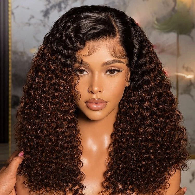 Ombre Brown Deep Curly HD Lace Front Wig Pre-Plucked Natural Baby Hair Human Hair - Rafarada