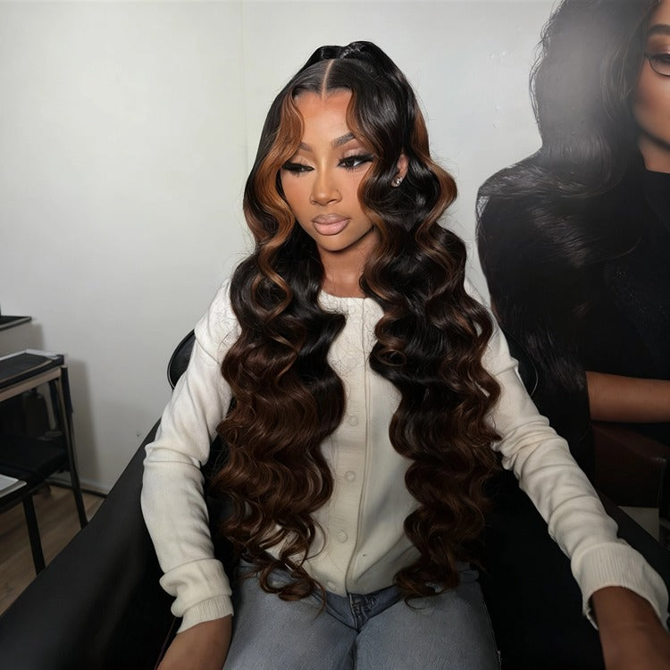 Ombre Dark Brown Highlight Color Straight & Loose Deep Human Hair Wig - Rafarada