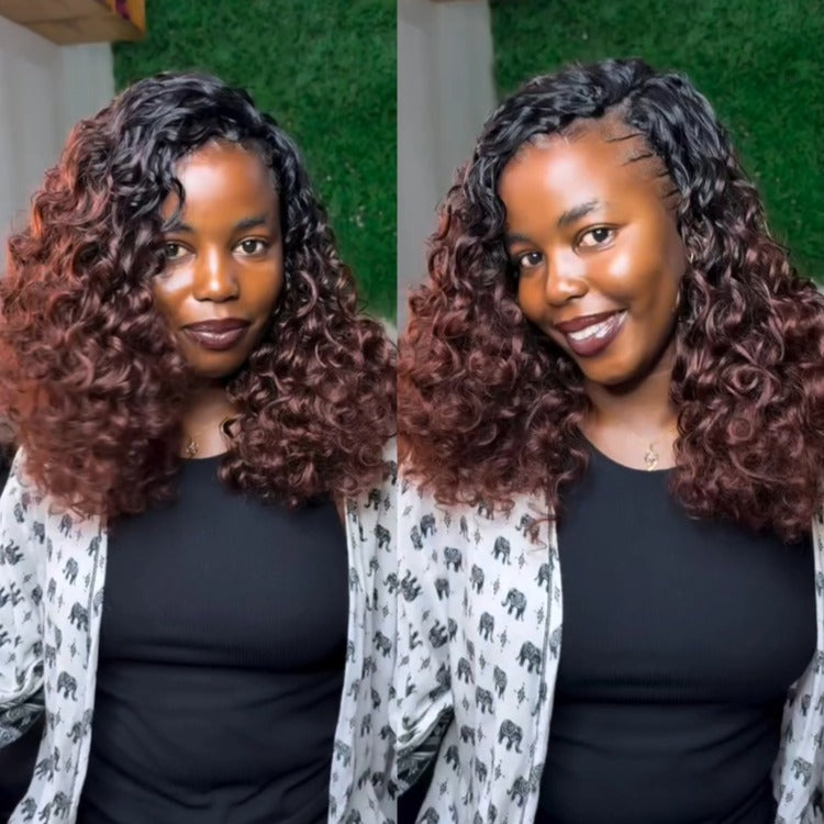 Glueless V Part Bouncy Curly Wig No Leave Out Reddish Brown Ombre Human Hair Wig 2 Minute Install Wear & Go Curly V-Part Wig - Rafarada